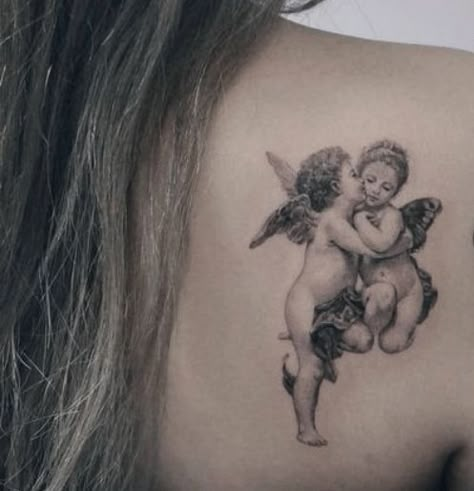 Cherubim Angels Tattoo, Cherub Tattoo Designs, Tattoos For Women Small Meaningful, Cupid Tattoo, Detailed Tattoos, Cherub Tattoo, Angel Tattoo Designs, Tattoo Art Drawings, Angel Tattoo