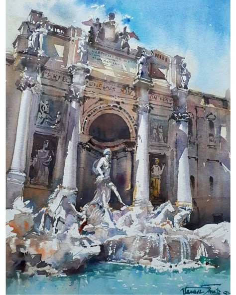 Watercolor on handmade paper ( painting for sale ) Something different.. Let me know your views Paper size - A3 ( 30 * 42 cm ) 300 gsm… | Instagram Baroque Building, Watercolor Italy, Rome Painting, Trevi Fountain Rome, Architecture Baroque, Watercolor Architecture, Architecture Painting, Trevi Fountain, Baroque Architecture