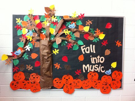 Fall into Music bulletin board for your music classroom Music Classroom Bulletin Boards, Music Decorations, Autumn Music, Office Boards, Music Bulletin Board, Elementary Music Room, Music Education Activities, Music Bulletin Boards, Music Education Games