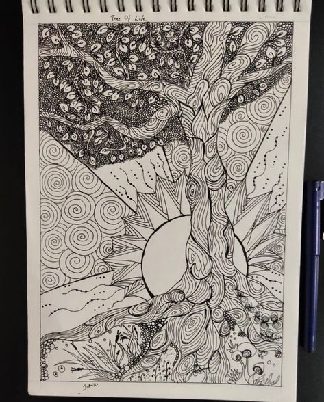 Black ink - tree of life - Zentangle art Mandala Art Tree Of Life, Trees Doodle Art, Tree Mandala Art, Zentangle Tree Of Life, Zentangle Trees Ideas, Black Ink Drawing Simple, White On Black Drawing Simple, Doodle Art Tree, Zentangle Silhouette