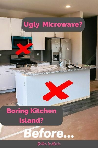 Transform a boring, builder grade kitchen island into a custom masterpiece. Hide that ugly cheap microwave and install a custom range hood. DIY and budget friendly. Check out my linked posts. Raised Kitchen Island, Kitchen Island Overhang, Kitchen Island Upgrade, Kitchen Island Finishes, Kitchen Island Trim, Kitchen Island Range, Builder Grade To Custom, Diy Kitchen Hacks, Painted Kitchen Island