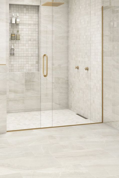 Porceline Tile, Wet Bathroom Ideas, Rialto Grand Polished Porcelain Tile, 12x24 Carrara Shower Wall Tile, Linear Drains For Showers Tile, Marble 12x24 Shower Tile, Porcelain Slab Shower Walls, Wet Bathroom, Tile Walk In Shower