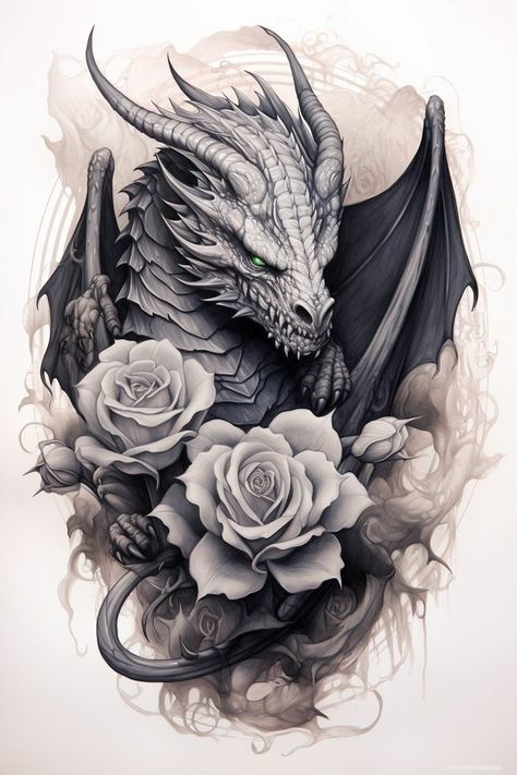 Dragon Tattoo With Flowers, Dragon Head Tattoo, Dragon Tattoo Sketch, Quarter Sleeve Tattoos, Cute Dragon Drawing, Dragon Tattoo Art, Dragon Tattoo For Women, Epic Tattoo, Dragon Artwork Fantasy