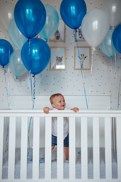 Balloons In Crib For Birthday, Birthday Crib Pictures, Birthday Crib Balloons Mornings, Crib Balloons Birthday, Balloons In Crib First Birthdays, Baby Boy Photo Shoot Ideas 1 Year At Home, First Birthday Crib Picture, 1st Birthday Crib Pictures, First Birthday Pictures At Home