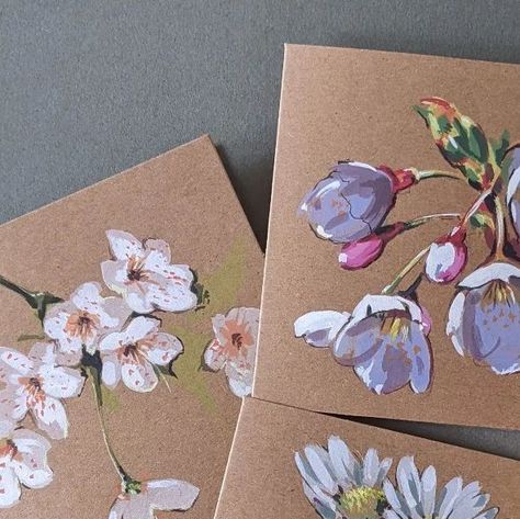 Spring Gouache Painting, Painting On Brown Paper, Gouache Card, Gouache Cards, Guache Art Gouache Painting Flowers, Gouache Floral Illustration, Gouache Butterflies, Gouache Wildflowers, Gouache Flowers