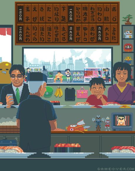 Typical day in japan Conveyor Belt Sushi, Random Humor, Pixel Art Background, Pixel Animation, Bedroom Wall Collage, Sushi Bar, Smile Because, Picture Collage, Another Day