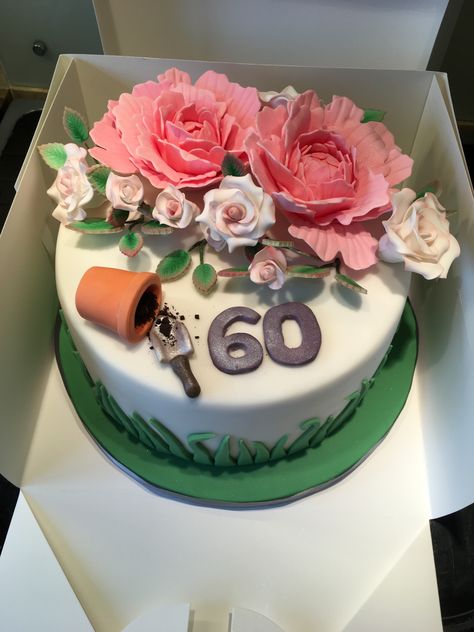 60th Birthday gardeners cake. Birthday Cakes For 60 Year Old Woman, Garden Theme Cake For Mom, Mum 60th Birthday Cake, Fondant 60th Birthday Cake, Gardeners Birthday Cake, Gardener Birthday Cake, Cakes For Gardeners, Birthday Cake For 60 Year Old Women, Gardener Cake