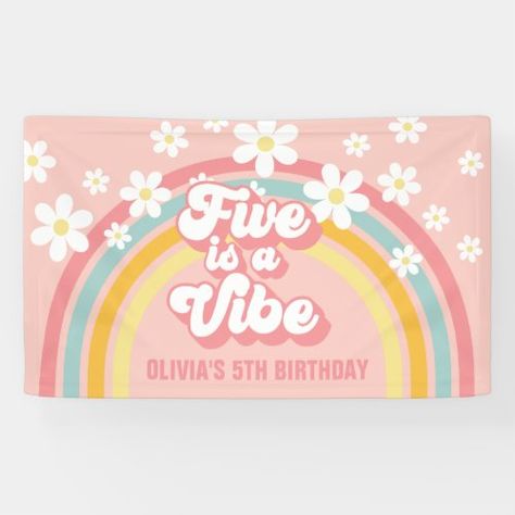 $55.80 | Rainbow Retro Five is a Vibe Groovy 5th Birthday #retro, hippie, rainbow, groovy, pink, daisies, floral rainbow, girl, five is a vibe, 5th birthday 1st Birthday Banners, 9th Birthday Parties, Retro Birthday, Groovy Retro, Birthday Themes, Retro Rainbow, 4th Birthday Parties, 9th Birthday, Free Birthday Invitations