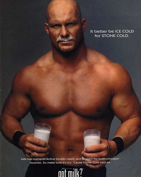 Got Milk ads from the 90s and early 2000s. The campaign was funded by the government to promote the declining sales of milk 🥛🥛🥛🥛🥛 #GotMilk #90s #Milk Austin 3:16, Bullet Club Logo, Got Milk Ads, Milk Ads, Austin Stone, Bullet Club, Got Milk, Stone Cold Steve, Steve Austin