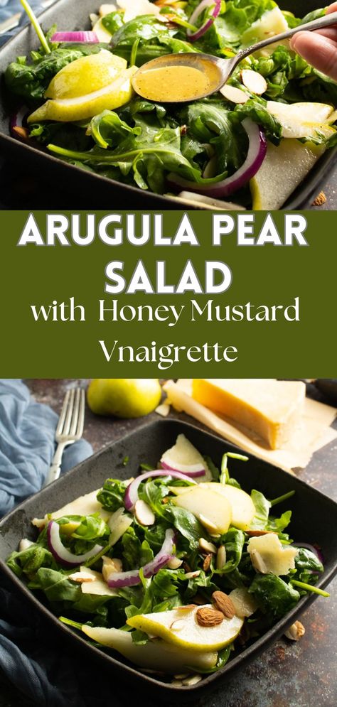 Arugula Pear Salad with a light, honey mustard vinaigrette might look fancy but it's very easy to prepare, loaded with vitamins and antioxidants and most importantly, seriously delicious! #arugulasalad #vegetarian #glutenfree Arugula Salads, Arugula Pear Salad, Arugula Recipes, Side Salads, Mustard Vinaigrette, Best Macaroni Salad, Butternut Squash Salad, Honey Mustard Vinaigrette, Ways To Eat Healthy