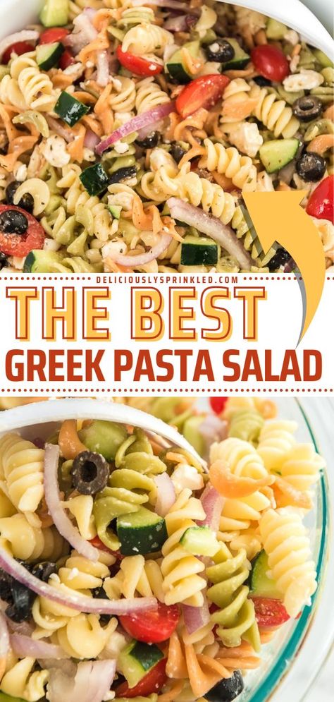 THE BEST GREEK PASTA SALAD RECIPE, side dishes, salad recipes Tri Color Pasta, Greek Pasta Salad Recipe, Greek Salad Recipe, Greek Pasta Salad, Salads For A Crowd, Healthy Potato Recipes, Easy Pasta Salad Recipe, Greek Salad Pasta, Greek Pasta