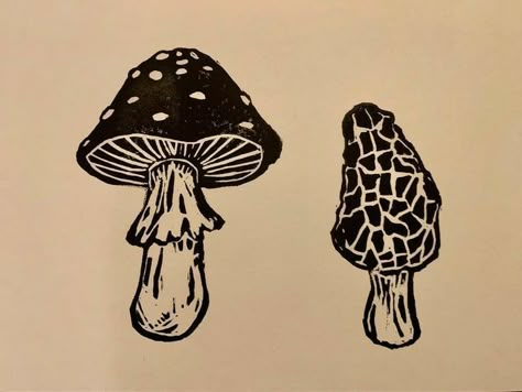 Easy Printmaking Designs, Simple Woodcut Designs, Linoleum Printmaking Easy, Mushroom Printmaking, Mushroom Linocut, Linocut Prints Ideas, Linocut Prints Simple, Print Making Ideas, Linolium Printing