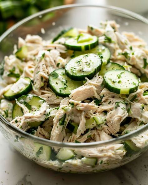 This is my hubby's kryptonite; he just can't resist asking for more Yummy Lunch Sandwiches, Cucumber And Chicken Salad, Healthy Cold Dinner Recipes, Shredded Chicken Lunch Ideas, Dinner Sides For Chicken, Side Salads For Dinner, Low Carb Summer Meals, Summer Dinner Salads, Refreshing Dinner Ideas