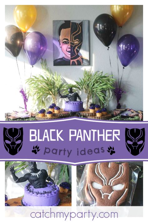 Wakanda Forever Party Ideas, Black Panther Themed Birthday Party, Wakanda Party Ideas, Wakanda Forever Birthday Party, Black Panther Party Decorations, Wakanda Forever Party Theme, Wakanda Birthday Party, Black Panther Decorations, Wakanda Forever Cake