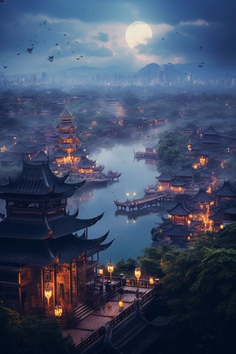 Fantasy Eastern City, Chinese Place Aesthetic, Japanese Fantasy Art Landscape, China Fantasy Art, Fantasy Chinese City, Japanese Fantasy City, Asian Fantasy City, Chinese Palace Fantasy Art, Fantasy City Aesthetic