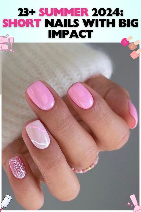 Glossy pink short square summer nails with one accent nail in glitter, paired with white geometric patterns, fitting for both everyday wear and special evenings. Nails With One Accent Nail, Short Square Summer Nails, Short Summer Nail Ideas, Square Summer Nails, Nails Ideas Short, Short Nails Summer, Sns Nails Designs, Short Pink Nails, Teen Nails