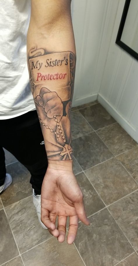 My Sisters Protector Tattoo For Men, My Sisters Keeper Tattoo Men, Protector Tattoo For Men, My Sisters Protector Tattoo, Men Upper Arm Tattoo, My Sister Protector Tattoo, Sisters Protector Tattoo, Sister Protector Tattoos, My Sisters Keeper Tattoo