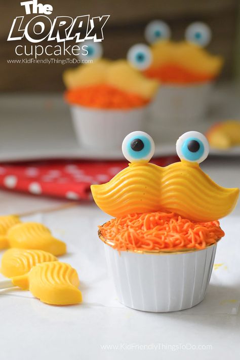 Such a fun idea for Dr. Seuss parties or Read across America. The Lorax cupcakes are easy to make and a huge hit with the kids! www.kidfriendlythingstodo.com Lorax Cupcakes, Lorax Birthday, Doctor Suess Birthday, Pinwheels Party, Dr Seuss Week, Orange Frosting, Orange Food Coloring, Read Across America, Seuss Party