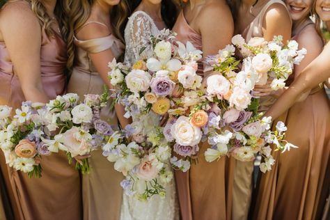 Lavendar and honey wedding Lavender And Brown Wedding, Lavender And Honey Wedding Theme, Lavender Peach And Honey Wedding, Lavender And Honey Wedding, Peach Lavender Wedding, Lavender Peach Wedding Flowers, Lavender And Peach Wedding Bouquet, Honey Wedding, Coastal Gardens