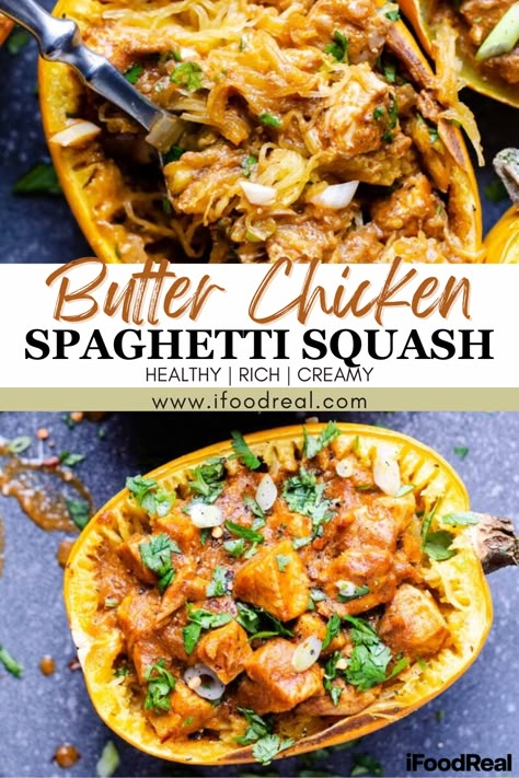 This Butter Chicken Spaghetti Squash is a healthy dish that combines delicious Indian flavors with tender spaghetti squash for a meal that everyone will love. It’s certainly a crowd pleaser and it’s really quite easy to make as well, so try it today and fall in love with the flavor! Whole 30 Chicken Spaghetti Squash, Paleo Chicken Spaghetti Squash, Spaghetti Squash With Ground Chicken, Rotisserie Chicken Spaghetti Squash, Spaghetti Squash Slow Cooker Recipes, Spaghetti Squash Dessert Recipes, Curry Spaghetti Squash, Spaghetti Squash High Protein, Bbq Chicken Spaghetti Squash