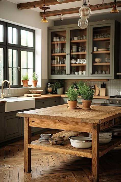 Warm Beige Kitchen Cabinets, Built In Kitchen Storage, Kitchen Island Table Ideas, Island Table Ideas, Farm Kitchen Ideas, Table In Kitchen, Reclaimed Wood Kitchen Island, Reclaimed Wood Kitchen, Rustic Kitchen Island