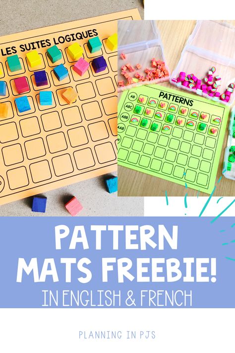 Patterns Mat freebie in English and French! Grab these mats to practice patterns for free. Students can use manipulatives like counters, themed pieces, mini erasers, and more to create patterns. Works well for morning tubs, centers, and early finishers! Patterns Kindergarten, Mini Erasers, Guided Math Groups, Freebies Pattern, Kindergarten Freebies, Morning Tubs, French Activities, Free Kindergarten Worksheets, Literacy Games