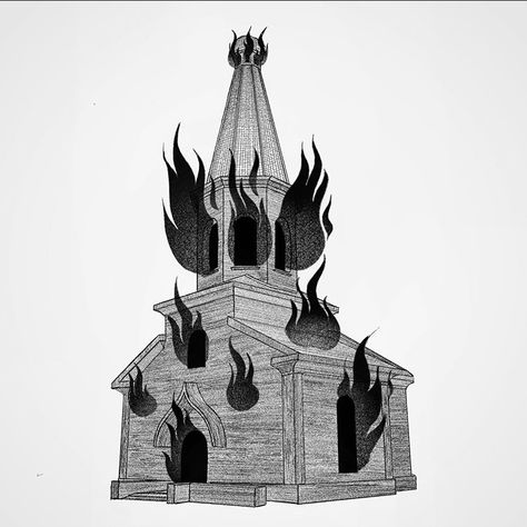 Burning Church Drawing, Burning Church, Woodcut Tattoo, Burning House, Paper Pen, House Drawing, Pen Pencil, Tat Ideas, Art Show