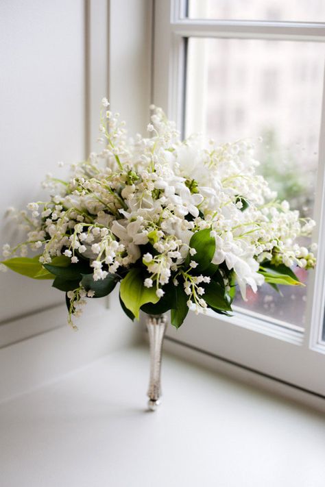 How pretty is this lily of the valley wedding bouquet?!? Love love love the silver holder. Photography by erikekroth.com,  Floral Design by nedkellyandco.com Lily Of The Valley Wedding Bouquet, Lily Of The Valley Bouquet, Flower Styling, Ned Kelly, Bouquet Photography, Hills Wedding, Blue Hill, Stone Barns, Wedding Entrance