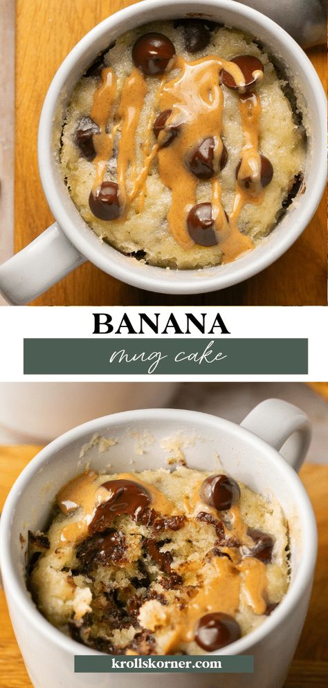 Banana Chocolate Chip Mug Cake • Kroll's Korner Pops Recipes, Microwave Mug Recipes, Banana Mug Cake, Dessert In A Mug, Chocolate Chip Mug Cake, Microwave Dessert, Chip Mug, Fun Dessert, Single Serve Desserts