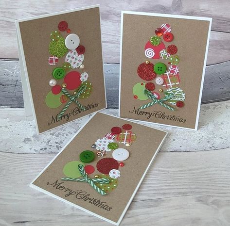 "Pack of 3 handmade Christmas tree cards using buttons, gems & patterned paper. All materials used are from scraps and up cycled pieces to create Christmas cards that are eco friendly.  Measure: 4\" x 6\" and come with an envelope. Stampin'Up ©" Cards With Buttons, Button Christmas Cards, Handcrafted Christmas Cards, Unique Holiday Cards, Handmade Christmas Cards, Christmas Card Art, Christmas Card Set, Homemade Christmas Cards, Christmas Card Crafts