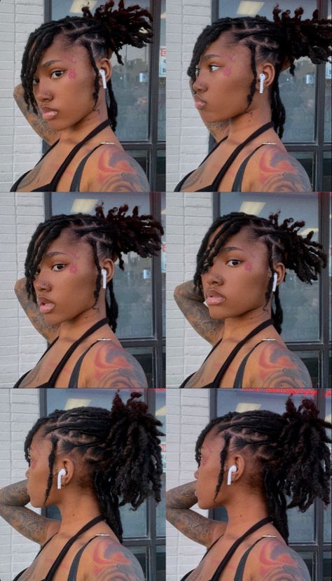 Hair Styles For Dreads Short, Women’s Dread Hairstyles, Two Loc Ponytails, Freaknik Hairstyles Locs, Short Locs Hairstyles With Beads, Short Locs Hairstyles Half Up Half Down, Dreaded Hair Women, Side Part Loc Hairstyles, Easy Lock Styles