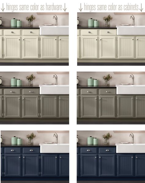 Painted Kitchen Cabinets Brass Hardware, Cabinets With Hinges Showing, Black Kitchen Handles, Navy Cabinets, Kitchen Cabinets Hinges, Beige Cabinets, Mom Kitchen, Update Cabinets, Painted Kitchen Cabinets Colors