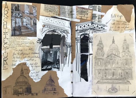 Sketchbook Pages Architecture, Buildings Title Page Gcse Art, Artbook Background Ideas, A Level Art Architecture Sketchbook Pages, Architecture Journal Sketchbooks, Backgrounds For Sketchbooks, Textiles Inspired By Architecture, Architecture Gcse Art Sketchbook, A Level Art Sketchbook Architecture