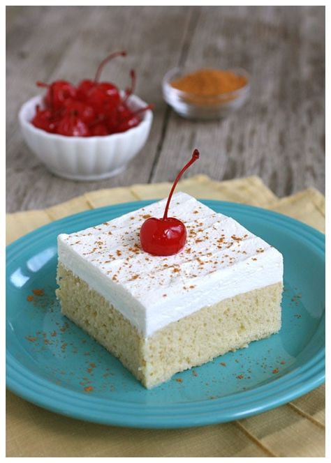 tres leches cake from afarmgirlsdabbles.com - "three milks" cake is tender and delicious, topped with a layer of homemade whipped cream and stemmed cherries - #cincodemayo #tresleches #cake #dessert Tres Leches Wedding Cake, Mexican Restaurant Menu, Authentic Mexican Desserts, Three Milk Cake, Leches Cake, Cuban Food, Turtle Cake, Mexican Dessert Recipes, Mexican Chocolate