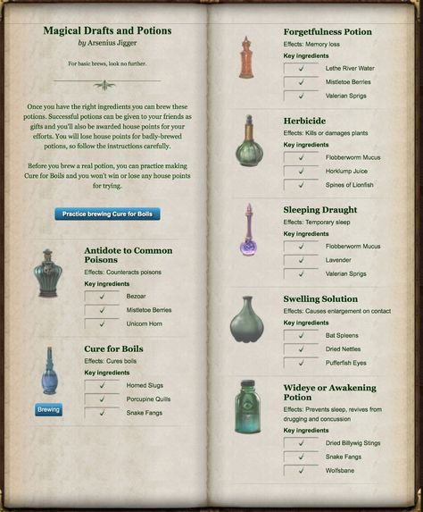 Magical Drafts and Potions | Pottermore Wiki | Fandom Harry Potter Potions Recipes, Harry Potter Potion Ingredients, Lockhart Harry Potter, Flourish And Blotts, Potion Recipes, Harry Potter School, Potions Book, Potions Recipes, Harry Potter Charms