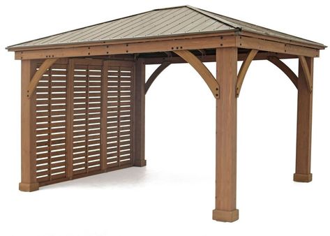 Gazebo With Privacy Wall, Gazebo Privacy Wall, Cedar Gazebo, Gazebo Privacy, Aluminium Roof, Pergola Plans Design, Small Pergola, Pergola Carport, Privacy Wall