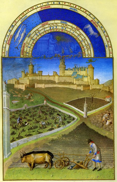 Limbourg Brothers Tres Riches Heures | Limbourg Brothers, March from the Très riches heures. Limbourg ... Medieval Life, Book Of Hours, Chateau France, Medieval Manuscript, A4 Poster, Grand Palais, Medieval Art, Dark Ages, Illuminated Manuscript