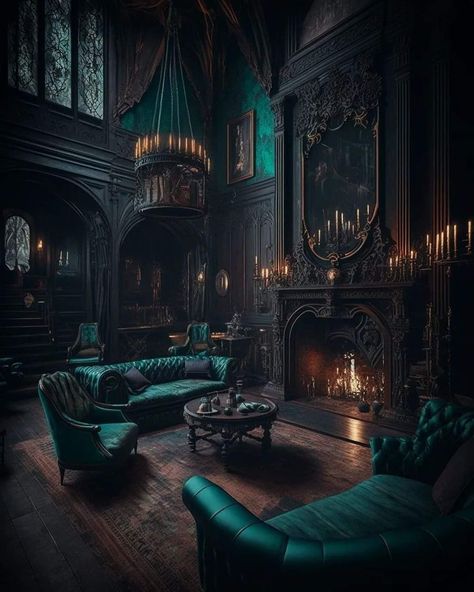 Gothic Manor Living Room, Dark Fantasy Living Room, Goth Manor, Gothic Manor, Dr Visuals, Gothic Library, Dark Garden, Dark Academy, Dark Living Rooms