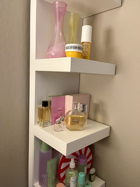 room inspo makeup sol janeiro ikea beauty makeup vanity organization Lack Wall Shelf Decor Ideas, Ikea Shelf Inspiration, Ikea Shelf Wall, Tall Shelf Bedroom, Shelf Bedroom Aesthetic, Vanity Shelf Decor, Wall Shelf Ikea, Beauty Shelf, Ikea Shelves Bedroom Aesthetic