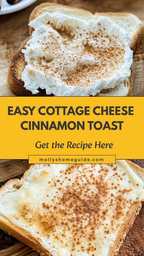 Indulge in a delightful breakfast treat with our cottage cheese cinnamon toast recipe. The creamy cottage cheese perfectly complements the sweet and warm cinnamon flavor, creating a delicious and satisfying dish to start your day off right. Whether you're looking for a quick morning meal or a cozy snack, this easy recipe is sure to become a favorite in your household. Try it today and enjoy the perfect blend of creamy, sweet, and comforting flavors!  Ingredients 4 slices brioche bread, or white Cottage Cheese With Cinnamon, Cottage Cheese Cinnamon Bread, Cottage Cheese Cinnamon Toast, Cottage Cheese For Breakfast, Blended Cottage Cheese Recipes Breakfast, Cottage Cheese Toast Breakfast Ideas, Easy To Digest Meals, Cottage Cheese On Toast, Blended Cottage Cheese Recipes