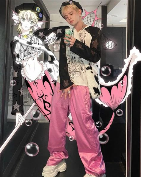 Hyperpop Fashion Men, Pink Outfit Ideas Men, Pink Boy Outfit, Pink Boy Aesthetic, Harajuku Fashion Men, Harajuku Boy, Good Haircut, 2000s Japanese Fashion, Kawaii Boy