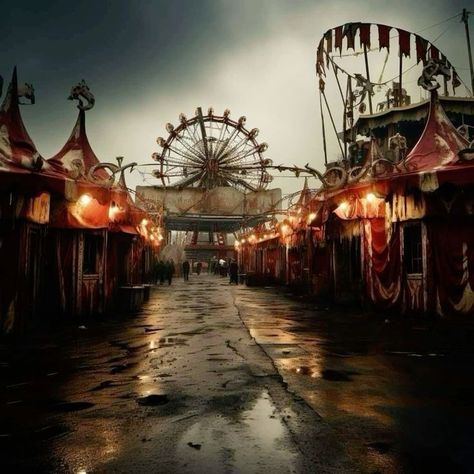 Dark Amusement Park Aesthetic, Haunted Amusement Park Aesthetic, Dark Circus Tattoo, Carnival Dark Aesthetic, Abandon Carnival, Circus Story Ideas, Abandoned Circus Aesthetic, Haunted Carnival Aesthetic, Old Carnival Aesthetic