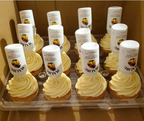 Guy Birthday Cupcakes, 21st Birthday Cupcakes Alcohol, Alcohol Birthday Decorations, Malibu Rum Cupcakes, Malibu Rum Cake Design, Malibu Rum Party Theme, Cupcakes With Shots On Top, Liquor Cupcakes Ideas, 21 Guy Birthday Ideas