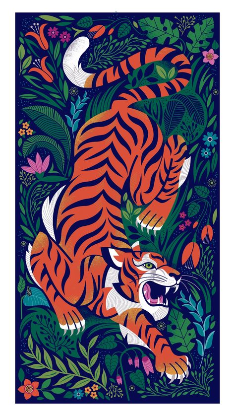 Crouching Tiger by Lucie Rice on Dribbble Jungle Graphic Design, Tiger Mural, Tiger In Jungle, Neck Tattoos For Men, Tattoo Kids, Indian Animals, Jungle Design, Crouching Tiger, Tiger Drawing