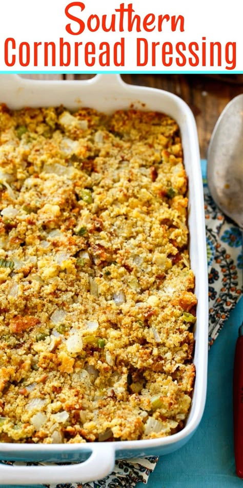 Southern Cornbread Dressing is a must for Thanksgiving. Southern Dressing, Southern Cornbread Dressing, Cornbread Dressing Recipe, Cheesy Green Bean Casserole, Dressing Stuffing, Dressing Recipes Thanksgiving, Cornbread Dressing Southern, Dressing Recipes Cornbread, Southern Cornbread