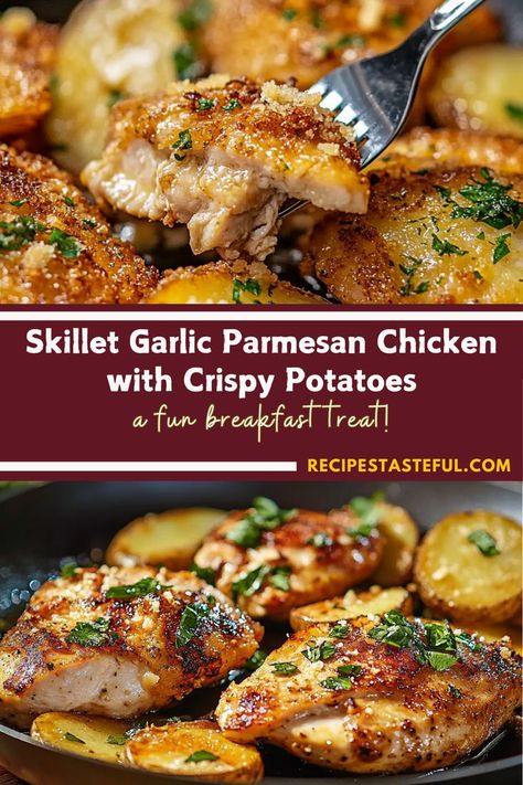 Skillet Garlic Parmesan Chicken with Crispy Potatoes is a one-pan meal that’s juicy, flavorful, and easy to make. Chicken breasts seared in garlic butter and Parmesan are paired with crispy, golden potatoes for a satisfying dinner. Perfect for busy weeknights! Pan Seared Chicken Breast Recipes, Golden Potatoes, Pan Seared Chicken Breast, Seared Chicken, Pan Seared Chicken, Easy Chicken Breast, Mozzarella Chicken, Garlic Parmesan Chicken, Garlic Butter Chicken