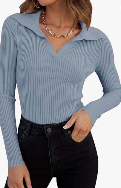 This casual knitted top features long sleeves,a v neckline, cute lapel design and slim fit. A must-have bottom solid color top for your fall closet that is very versatile and on-trend. With a fine ribbed knit texture in a skin-friendly fabric that's soft, cozy and breathable, you'll love this light sweater! Great for spring, fall and winter. Easily paired with your all types of pants, jeans, wide-legged pants or bustiers for a chic style Size Guide: S=US 4-6, M=US 8-10, L=US 12-14, XL=US 16-18. Fall Sweaters For Women, Rib Knit Top, Tops Casual, Ribbed Knit Sweater, Light Sweater, Long Sleeve Knit Tops, Type Of Pants, Knit Pullover, Basic Tops