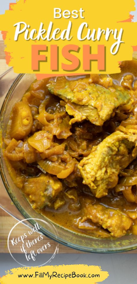 this is the best pickled curry fish recipe idea for a meal, that is traditionally celebrated by south afrcans. It does sybolize food that was eaten during easter time as a tradition in the older times, It has the sauce and keeps well in the fridge for a few days. South African Pickled Fish Recipe, Milktart Recipe, Pickled Fish Recipe, Fish Batter Recipe, Curry Fish, Fish Curry Recipe, Best Curry, Fried Fish Recipes, Stove Top Recipes