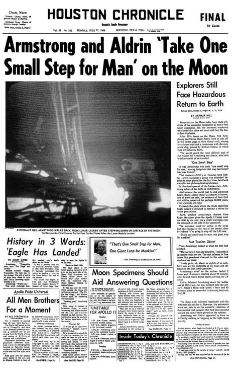 Houston Chronicle front page (HISTORIC) -- July 21, 1969 (FINAL EDITION, first Moon landing) -- Armstrong and Aldrin 'Take One Small Step for Man' on the Moon. / Houston Chronicle July 21 Moon Day Poster, First Man On The Moon, The Moon Today, Apollo 11 Moon Landing, Newspaper Front Pages, Apollo Space Program, Nasa History, Newspaper Headlines, Historical Newspaper