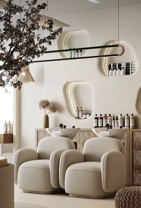 Luxury Salon Reception Area, Luxury Hair Salon Design Interiors, Japandi Hair Salon, Beauty Salon Design Ideas, Beauty Center Design, Luxury Beauty Salon Design, Salon Lobby, Beauty Salon Interior Design Ideas, Modern Nail Salon